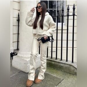 Zara Vegan Leather Pants with Ankle Side Slit, Size 2, Like New, Cream
